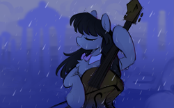 Size: 1839x1142 | Tagged: safe, artist:crimmharmony, octavia melody, earth pony, pony, g4, bowtie, cello, chest fluff, cloudsdale, eyes closed, female, half body, mare, musical instrument, profile, rain, solo, wet, wet mane