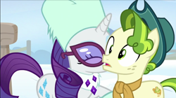 Size: 800x447 | Tagged: safe, screencap, pistachio, rarity, earth pony, pony, unicorn, g4, my little pony best gift ever, clothes, colored pupils, duo, duo male and female, eyelashes, eyes closed, female, green hair, green mane, hat, horn, male, purple hair, purple mane, shipping fuel, snow, wide eyes, winter outfit