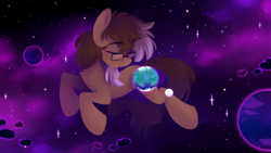 Size: 4790x2700 | Tagged: safe, artist:crimmharmony, oc, oc only, oc:be sharp, earth pony, earth, earth pony oc, eyes closed, glasses, macro, male, moon, planet, pony bigger than a planet, solo, space, stallion, stars