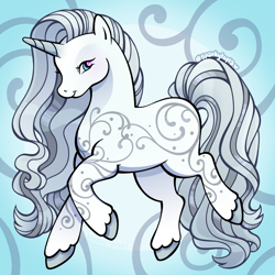 Size: 1779x1779 | Tagged: safe, artist:sparkytopia, princess silver swirl, pony, unicorn, g2, blue eyes, grey hair, horn, looking at you, signature, smiling, unshorn fetlocks, white coat