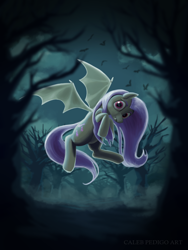 Size: 3000x4000 | Tagged: safe, artist:calebpedigo, fluttershy, bat pony, pony, g4, bat ponified, fangs, female, flutterbat, flying, forest, high res, looking at you, mare, nature, night, race swap, solo, tree