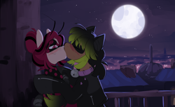 Size: 2442x1505 | Tagged: safe, artist:crimmharmony, oc, oc only, oc:be sharp, oc:crimm harmony, earth pony, alternate universe, blushing, city, cityscape, clothes, costume, duo, eyes closed, kiss on the lips, kissing, lidded eyes, miraculous ladybug, moon, night, oc x oc, pinned, shipping, sketch, stars, waist up