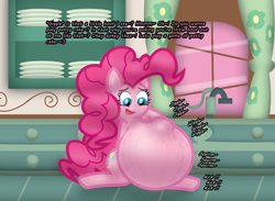 Size: 2242x1643 | Tagged: safe, artist:fancy_blue, part of a set, pinkie pie, earth pony, pony, g4, belly, belly bumps, big belly, dialogue, emanata, hoof imprints, hyper, hyper belly, hyper pregnancy, impossibly large belly, kicking, kitchen, open mouth, open smile, preggy pie, pregnant, smiling, spreading, stretchmarks, sugarcube corner