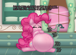 Size: 2242x1643 | Tagged: safe, alternate version, artist:fancy_blue, part of a set, pinkie pie, earth pony, pony, g4, belly, big belly, cute, dialogue, diapinkes, emanata, eyes closed, hooves together, hyper, hyper belly, hyper pregnancy, impossibly large belly, kitchen, pattycakes, preggy pie, pregnant, smiling, spreading, stretchmarks, sugarcube corner