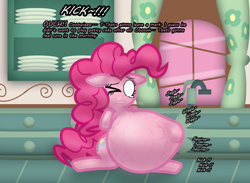 Size: 2242x1643 | Tagged: safe, alternate version, artist:fancy_blue, part of a set, pinkie pie, earth pony, pony, g4, belly, belly bumps, big belly, blank eyes, closed eye, crying, dialogue, emanata, gritted teeth, hoof imprints, hyper, hyper belly, hyper pregnancy, impossibly large belly, kicking, kitchen, one eye closed, pain, preggy pie, pregnant, spreading, sugarcube corner, tears of pain, teary eyes, teeth