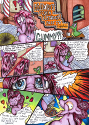 Size: 1024x1441 | Tagged: safe, artist:megaphonnic, gummy, pinkie pie, alligator, earth pony, pony, comic:scootaloo's feckin birthday, g4, amputee, bloodshot eyes, comic, eating, female, mare, traditional art