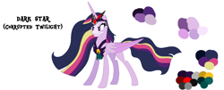 Size: 1466x590 | Tagged: safe, artist:westrail642fan, twilight sparkle, alicorn, pony, rise and fall, g4, the last problem, alicorn amulet, alternate universe, base used, bell, chest plate, concave belly, corrupted twilight sparkle, crown, evil smile, flowing mane, grin, grogar's bell, jewelry, older, older twilight, older twilight sparkle (alicorn), princess twilight 2.0, reference sheet, regalia, simple background, slender, smiling, solo, text, thin, twilight sparkle (alicorn), white background
