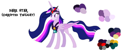Size: 1466x590 | Tagged: safe, alternate version, artist:westrail642fan, twilight sparkle, alicorn, pony, rise and fall, g4, the last problem, alicorn amulet, alternate universe, base used, bell, chest plate, concave belly, corrupted twilight sparkle, crown, evil grin, flowing mane, glowing, glowing eyes, glowing hair, grin, grogar's bell, jewelry, older, older twilight, older twilight sparkle (alicorn), princess twilight 2.0, reference sheet, regalia, simple background, slender, smiling, solo, text, thin, twilight sparkle (alicorn), white background