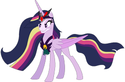 Size: 861x566 | Tagged: safe, artist:westrail642fan, twilight sparkle, alicorn, pony, rise and fall, g4, the last problem, alicorn amulet, alternate universe, base used, bell, chest plate, concave belly, corrupted twilight sparkle, crown, evil smile, flowing mane, grin, grogar's bell, jewelry, older, older twilight, older twilight sparkle (alicorn), princess twilight 2.0, regalia, simple background, slender, smiling, solo, thin, transparent background, twilight sparkle (alicorn)