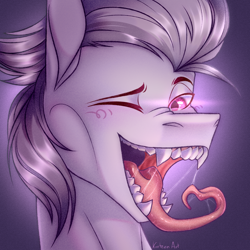 Size: 3000x3000 | Tagged: safe, artist:kreteen art, oc, oc only, oc:nobrony, bat pony, blushing, drool, fangs, gradient background, long tongue, mawshot, one eye closed, open mouth, sharp teeth, solo, teeth, tongue out, wink