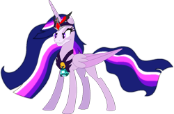Size: 861x566 | Tagged: safe, artist:westrail642fan, twilight sparkle, alicorn, pony, rise and fall, g4, the last problem, alicorn amulet, alternate universe, base used, bell, chest plate, concave belly, corrupted twilight sparkle, crown, evil smile, flowing mane, glowing, glowing eyes, glowing hair, grin, grogar's bell, jewelry, older, older twilight, older twilight sparkle (alicorn), princess twilight 2.0, regalia, simple background, slender, smiling, solo, thin, transparent background, twilight sparkle (alicorn)