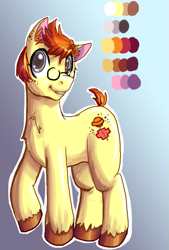 Size: 885x1306 | Tagged: safe, artist:frostedminispooner, oc, oc only, oc:nursery rhyme, earth pony, pony, ask nursery rhyme, glasses, gradient background, male, reference sheet, solo, stallion