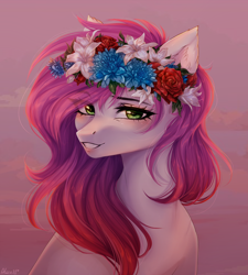Size: 1800x2000 | Tagged: safe, artist:alicesmitt31, oc, oc only, oc:ellie berryheart, pegasus, pony, g4, abstract background, beautiful, bust, floral head wreath, flower, green eyes, portrait, rose, sensual, smiling, solo
