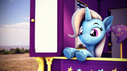 Size: 3840x2160 | Tagged: safe, artist:psfmer, trixie, pony, unicorn, g4, 3d, :3, clothes, cute, diatrixes, female, hat, high res, horn, mare, solo, source filmmaker, trixie's hat, trixie's wagon, unshorn fetlocks, wagon
