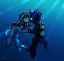 Size: 3159x3039 | Tagged: safe, artist:ashel_aras, oc, oc only, oc:ashel, changeling, merpony, aqualung, bubble, changeling oc, crepuscular rays, cyrillic, digital art, duo, eyes closed, fish tail, flowing mane, flowing tail, happy, heart, high res, looking at each other, looking at someone, love, ocean, romance, russian, scuba gear, signature, smiling, smiling at each other, submarine, sunlight, swimming, tail, underwater, water, wetsuit