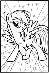 Size: 2074x3096 | Tagged: safe, rainbow dash, pegasus, pony, g4, official, abstract background, coloring book, coloring page, crayola, female, grin, lidded eyes, mare, raised hoof, smiling, solo, spread wings, stars, wings
