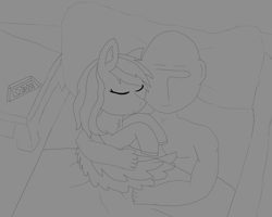 Size: 1078x861 | Tagged: safe, artist:theonlyone, rainbow dash, oc, oc:anon, human, pegasus, pony, g4, bedroom, blanket, chest fluff, clothes, cute, dashabetes, drawer, duo, ear fluff, hug, human on pony snuggling, lying down, partial nudity, pillow, simple background, snuggling, topless, winghug, wings