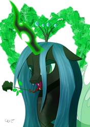 Size: 2480x3508 | Tagged: safe, artist:пшеница, derpibooru exclusive, queen chrysalis, changeling, changeling queen, g4, bust, drool, female, flower, glowing, glowing horn, horn, magic, mare, open mouth, portrait, simple background, solo, tongue holding, transparent background, transparent wings, wings