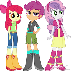 Size: 1080x1080 | Tagged: safe, editor:cutler1228, apple bloom, scootaloo, sweetie belle, equestria girls, g4, clothes, cutie mark crusaders, female, shoes, simple background, transparent background, trio, trio female