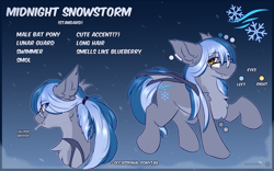 Size: 3200x2000 | Tagged: safe, artist:snowstormbat, oc, oc only, oc:midnight snowstorm, bat pony, pony, chest fluff, ear piercing, earring, glasses, gradient background, jewelry, male, piercing, ponytail, reference sheet, solo, stallion