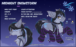 Size: 3200x2000 | Tagged: safe, alternate version, artist:snowstormbat, oc, oc only, oc:midnight snowstorm, bat pony, pony, chest fluff, choker, clothes, ear piercing, earring, edgy, emo, glasses, goth, gradient background, grumpy, jewelry, male, piercing, ponytail, reference sheet, socks, solo, stallion, striped socks