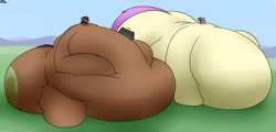 Size: 3840x1845 | Tagged: safe, artist:the-furry-railfan, oc, oc only, oc:tuffy tonnes, earth pony, pony, unicorn, belly, big belly, disproportional anatomy, fat, horn, huge belly, huge butt, impossibly large belly, impossibly large butt, large butt, lying down, macro, small head, solo, squishy, tiny head
