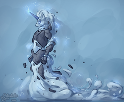 Size: 3300x2700 | Tagged: safe, artist:stardustspix, oc, elemental, anthro, cloud, glowing, glowing eyes, glowing horn, high res, horn, lightning, magic, rock, solo