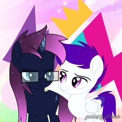 Size: 4000x4000 | Tagged: safe, artist:galaxystars, oc, oc only, oc:lightning stars, oc:osiris eclipse, pegasus, pony, unicorn, g4, g5, colored wings, duo, duo male, g5 to g4, generation leap, glasses, horn, male, movie accurate, text, wings