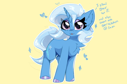 Size: 3000x2000 | Tagged: safe, artist:jubyskylines, trixie, pony, unicorn, g4, blushing, chest fluff, colored hooves, cute, cute little fangs, dialogue, diatrixes, ear fluff, fangs, female, heart, horn, looking at you, mare, pure unfiltered evil, simple background, solo, sparkles, yellow background
