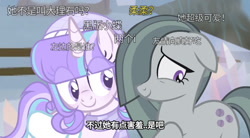 Size: 1125x623 | Tagged: safe, artist:corpse, marble pie, oc, oc:delia ino, earth pony, unicorn, g4, bag, canon x oc, chinese, ears back, eye clipping through hair, fake screencap, female, friends, friendship, horn, purple eyes, purple hair, smiling, text, unicorn oc, when she smiles