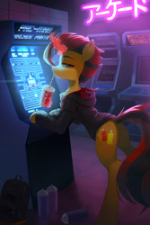 Size: 1280x1917 | Tagged: safe, artist:astralblues, oc, oc only, oc:selest light, pony, unicorn, arcade, arcade game, bipedal, bipedal leaning, butt, clothes, drink, horn, leaning, magic, pac-man, plot, solo, unicorn oc
