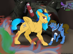 Size: 1280x952 | Tagged: safe, artist:thedigodragon, oc, oc only, oc:blue palette, oc:flight check, oc:switchblade, pegasus, pony, unicorn, fire extinguisher, horn