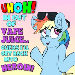 Size: 1943x1943 | Tagged: safe, artist:reddthebat, rainbow dash, pegasus, pony, g4, bust, don't do drugs, female, gradient background, implied drug use, mare, shrug, signature, solo, sunglasses, sunglasses on head, text