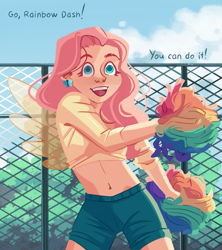 Size: 1815x2048 | Tagged: safe, artist:irisikiki, part of a set, fluttershy, rainbow dash, human, g4, belly button, cheering, cheerleader, clothes, colored pupils, cute, dialogue, ear piercing, earring, female, humanized, implied flutterdash, implied lesbian, implied rainbow dash, implied shipping, jewelry, lesbian, light skin, midriff, open mouth, open smile, piercing, pom pom, ship:flutterdash, shipping, shorts, shyabetes, smiling, solo, winged humanization, wings