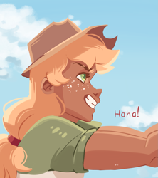 Size: 1815x2048 | Tagged: safe, artist:irisikiki, applejack, human, g4, bust, colored pupils, female, grin, humanized, laughing, smiling, solo, tan skin