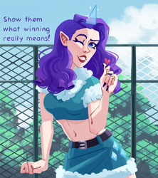 Size: 1815x2048 | Tagged: safe, artist:irisikiki, rarity, human, g4, clothes, colored pupils, female, heart, horn, horned humanization, humanized, implied lesbian, implied rarijack, implied shipping, light skin, looking at you, midriff, one eye closed, skirt, smiling, smiling at you, solo, wink, winking at you