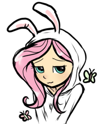 Size: 519x610 | Tagged: safe, artist:katkatkatzu, fluttershy, butterfly, human, equestria girls, g4, animal costume, blushing, bunny costume, clothes, costume, female, kigurumi, onesie, simple background, solo, white background