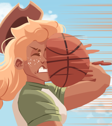 Size: 1815x2048 | Tagged: safe, artist:irisikiki, applejack, human, g4, basketball, bust, eyes closed, gritted teeth, humanized, solo, speed lines, sports, tan skin, teeth