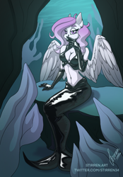 Size: 820x1180 | Tagged: safe, artist:stirren, oc, oc only, oc:iron glamour, mermaid, pegasus, anthro, bra, breasts, cleavage, clothes, coral, crepuscular rays, digital art, feather, female, fish tail, flowing mane, flowing tail, gloves, latex, latex bra, latex gloves, latex mermaid, lidded eyes, looking at you, mermaid tail, ocean, pinup, seaweed, signature, solo, spread wings, sunlight, swimming, tail, underwater, underwear, water, wings