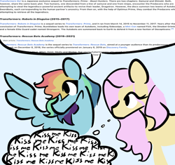 Size: 872x819 | Tagged: safe, artist:captainzigo, fluttershy, rainbow dash, pegasus, pony, g4, blue background, dialogue, female, lesbian, mare, ship:flutterdash, shipping, simple background, speech bubble, text, thought bubble, transformers, transformers prime, transformers rescue bots, transformers robots in disguise (2015), turned head, wiki