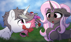 Size: 1800x1080 | Tagged: safe, artist:darbedarmoc, oc, oc only, pony, unicorn, beads, blushing, bouquet, bouquet of flowers, duo, flower, horn, international women's day, looking at each other, looking at someone, surprised, two toned mane