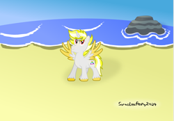 Size: 1602x1112 | Tagged: safe, artist:sorasleafeon, oc, oc only, oc:miguel silva, alicorn, pony, alicorn oc, beach, blue sky, horn, looking at you, male, ocean, rock, signature, smiling, smiling at you, smirk, solo, spread wings, stallion, standing, sunshine, water, wings
