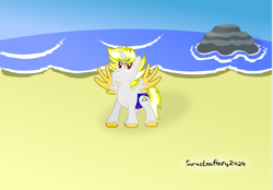 Size: 1602x1112 | Tagged: safe, artist:sorasleafeon, oc, oc:miguel silva, alicorn, pony, alicorn oc, beach, blue sky, blue swimsuit, clothes, horn, looking at you, male, rock, signature, smiling, smiling at you, smirk, solo, speedo, spread wings, stallion, standing, sunshine, swimsuit, water, wings