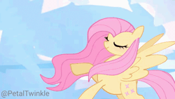 Size: 640x360 | Tagged: safe, artist:petaltwinkle, fluttershy, pegasus, pony, g4, abstract background, animated, blushing, eyelashes, female, gif, long mane, mare, pink mane, pink tail, raised hoof, signature, smiling, solo, spread wings, tail, wings, yellow coat