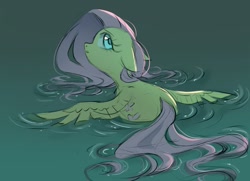Size: 1379x1000 | Tagged: safe, artist:melodylibris, fluttershy, pegasus, pony, g4, cute, feather, female, floppy ears, flowing mane, flowing tail, lake, looking back, looking up, mare, partially submerged, profile, shyabetes, solo, spread wings, swimming, tail, water, wet, wet mane, wings