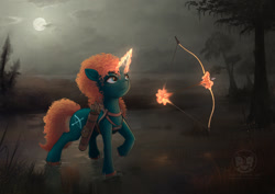 Size: 1323x935 | Tagged: safe, artist:calena, pony, unicorn, bow, brave (movie), commission, harness, horn, looking up, magic, merida, night, quiver, solo, swamp, tree