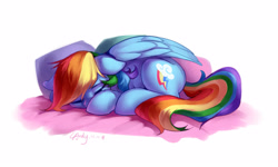 Size: 1875x1125 | Tagged: safe, artist:luciferamon, rainbow dash, pegasus, pony, g4, cute, dashabetes, eyes closed, female, hnnng, lying down, mare, simple background, sleeping, solo, white background, wings