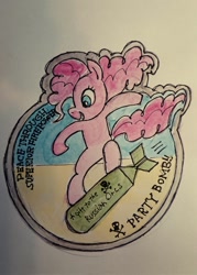 Size: 1463x2048 | Tagged: safe, artist:daisymane, pinkie pie, earth pony, pony, g4, bipedal, bomb, current events, female, grin, mare, riding a bomb, smiling, solo, traditional art, ukraine, war, weapon