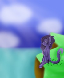 Size: 2914x3508 | Tagged: safe, artist:thecommandermiky, oc, oc only, oc:miky command, pegasus, pony, cat tail, chest fluff, cliff, cloud, female, folded wings, full body, mare, ocean, pegasus oc, sitting, sky, solo, tail, water, wings