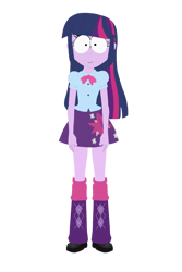 Size: 1030x1538 | Tagged: safe, twilight sparkle, human, equestria girls, g4, arms, blouse, bowtie, clothes, female, happy, legs, long hair, puffy sleeves, shoes, shrunken pupils, simple background, skirt, smiling, solo, south park, style emulation, teenager, transparent background